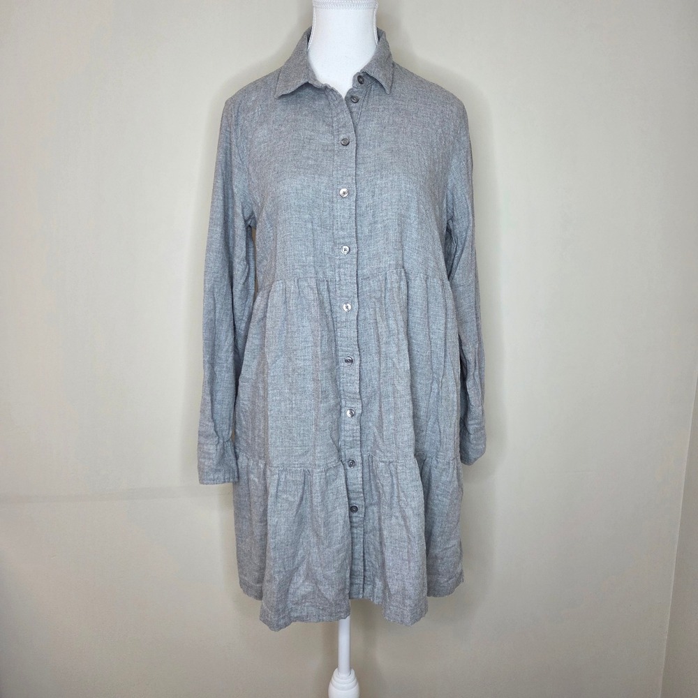 GAP Grey Tiered Mini Shirt Dress Size S 100% Cotton Long Sleeve Pockets